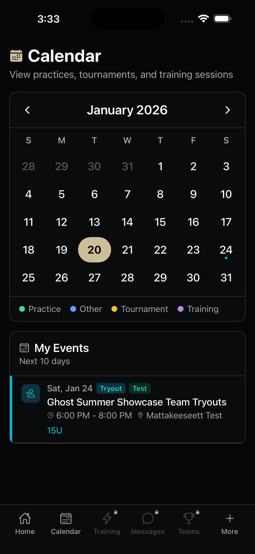 Ghost Premier App Calendar - View practices, tournaments, and training sessions