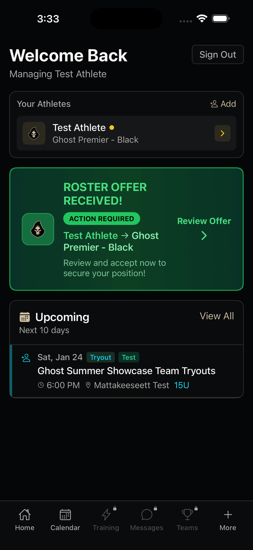 Ghost Premier App Home Screen - View roster offers, upcoming events, and team information
